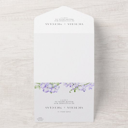 Elegant groen & paarse Wisteria-huwelijk All In One Uitnodiging (Buitenkant)