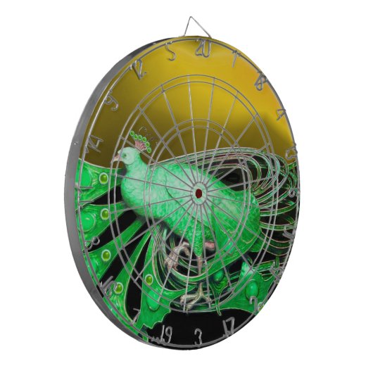 ELEGANT GROEN PEACOCK IN GEEL DARTBORD (Voorkant Links)
