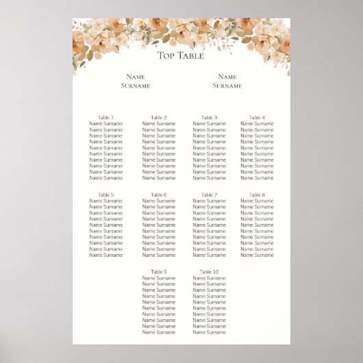 Elegant Groen Perzik Bloem Bruiloft Zitschema Poster (Voorkant)