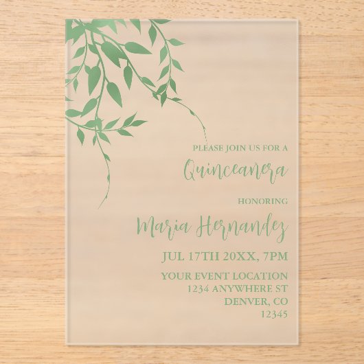 Elegant groen Quinceañera Acryl Uitnodigingen (Voorkant)