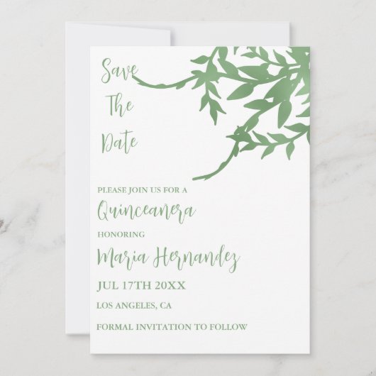 Elegant groen Quinceañera Save The Date (Voorkant)