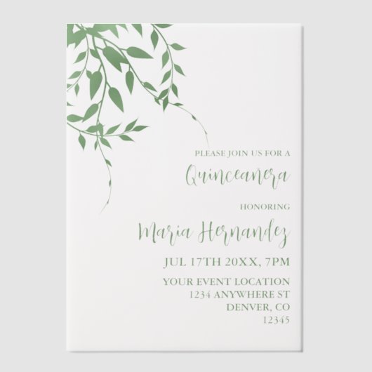 Elegant groen Quinceañera Vellum Uitnodigingen (Voorkant)