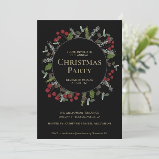 Elegant groen rode bessen kerstfeest kaart (Staand voorkant)