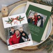 Elegant groen rode boog monogram foto feestdagenkaart