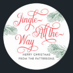 Elegant groen rode kalligrafie kerst ronde sticker<br><div class="desc">Elegant Greenery Red Calligraphy Christmas Classic Round Sticker - Voeg elegantie toe aan uw vakantiegeschenk met dit prachtige,  moderne en feestelijke Kerst sticker. Jingle All The Way wordt omlijst door weelderig,  met de hand getekend kerstgroen. Voeg je eigen boodschap en naam toe, </div>