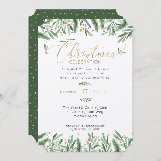 Elegant Groen, Rood, en Gouden Kerstmispartij Kaart (Voorkant / Achterkant)