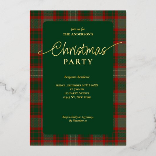 Elegant groen rood geplakt kerstfeest folie uitnodiging (Voorkant)
