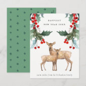 ELEGANT GROEN ROOD HOLLY BERRY HERTEN DUO NIEUWJAA FEESTDAGENKAART (Voorkant / Achterkant)