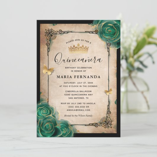 Elegant Groen Roos Goud Zwart Quinceanera Kaart (Staand voorkant)