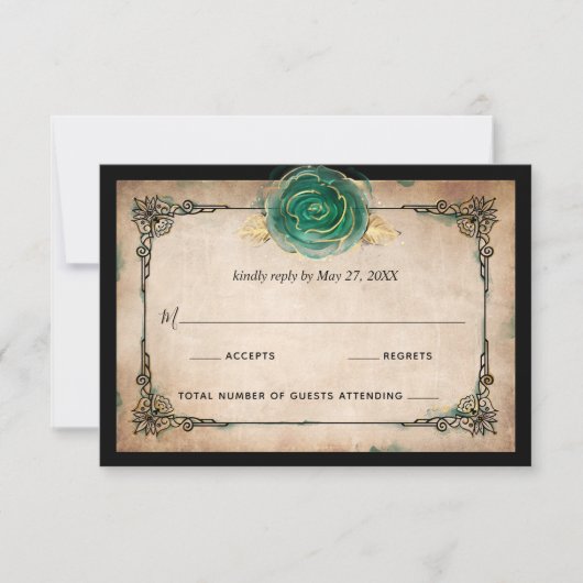 Elegant Groen Roos Goud Zwart Waterverf Bruiloft RSVP Kaartje (Voorkant)