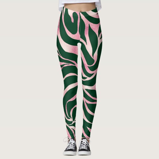 Elegant Groen Roos Gouden Glitter Zebra Leggings (Voorkant)