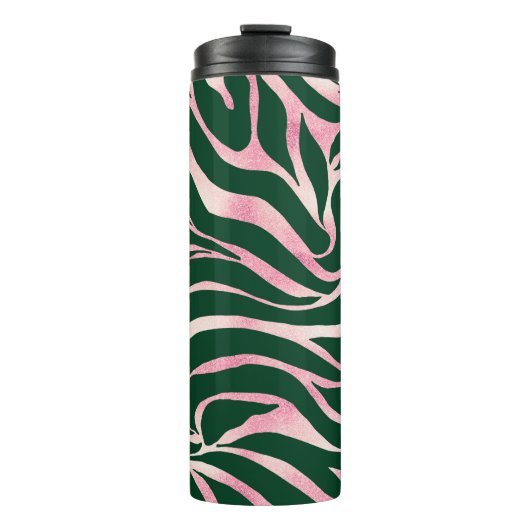 Elegant Groen Roos Gouden Glitter Zebra Thermosbeker (Voorkant)
