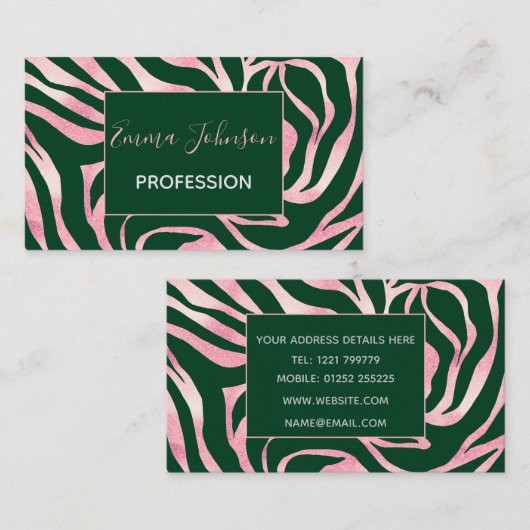 Elegant Groen Roos Gouden Glitter Zebra Visitekaartje (Voorkant / Achterkant)