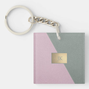 Elegant groen roze leder, monogram sleutelhanger