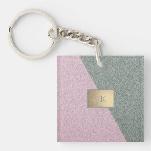 Elegant groen roze leder, monogram sleutelhanger (voorkant)
