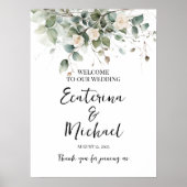 Elegant groen & rozen bruiloft welkomstbord poster (Voorkant)