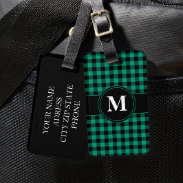 Elegant groen ruitpatroon met monogram bagagelabel