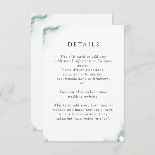 Elegant Groen, Sage Waterverf, Bruiloft Details Informatiekaartje (Voorkant / Achterkant)