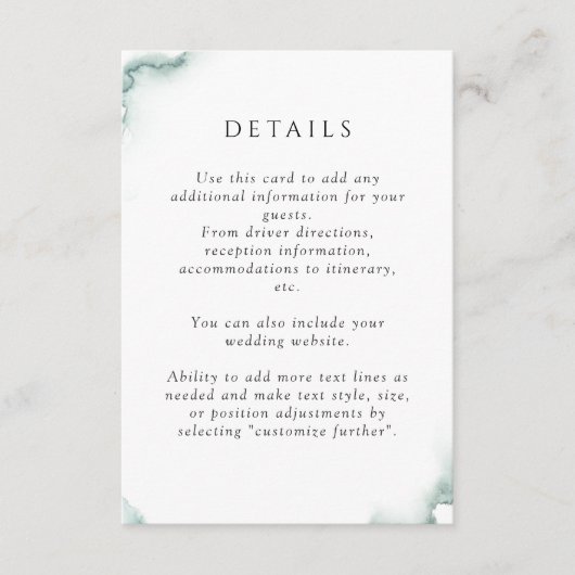 Elegant Groen, Sage Waterverf, Bruiloft Details Informatiekaartje (Voorkant)