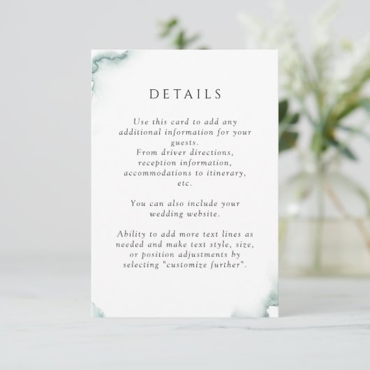 Elegant Groen, Sage Waterverf, Bruiloft Details Informatiekaartje (Staand voorkant)