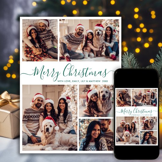 Elegant Groen Script 5 Fotocollage Kerstmis Feestdagenkaart