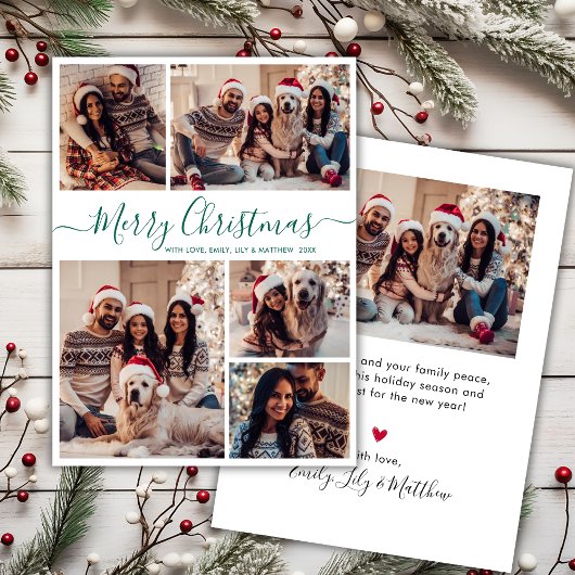 Elegant Groen Script 5 Fotocollage Kerstmis Feestdagenkaart