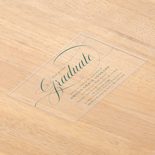Elegant groen script afstudeerfeest acryl uitnodigingen (Laagn)