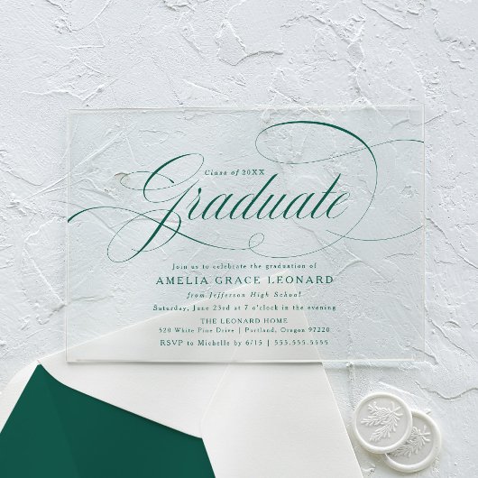 Elegant groen script afstudeerfeest acryl uitnodigingen