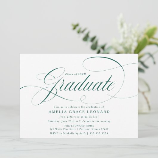 Elegant groen script afstudeerfeest kaart (Staand voorkant)