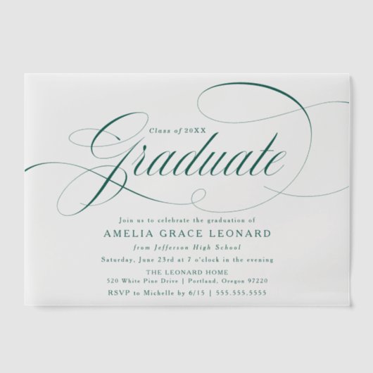 Elegant groen script afstudeerfeest vellum uitnodigingen (Voorkant)
