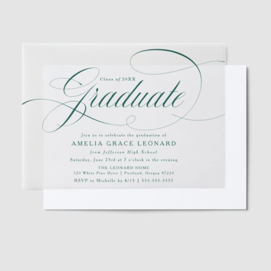 Elegant groen script afstudeerfeest vellum uitnodigingen (Offset)