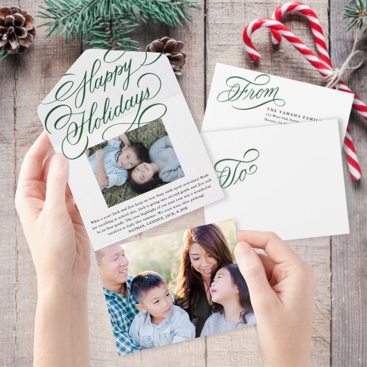 Elegant groen script Happy Holiday fotokaart All In One Uitnodiging