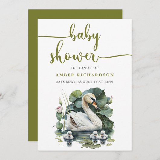 Elegant groen script zwaan minimalistisch Baby sho Kaart (Voorkant / Achterkant)