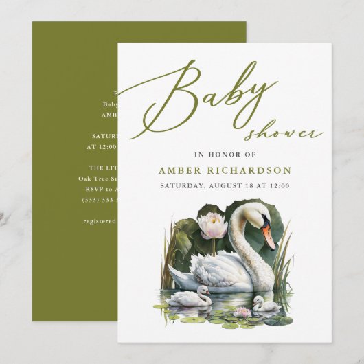 Elegant groen script zwaan minimalistisch Baby sho Kaart (Voorkant / Achterkant)