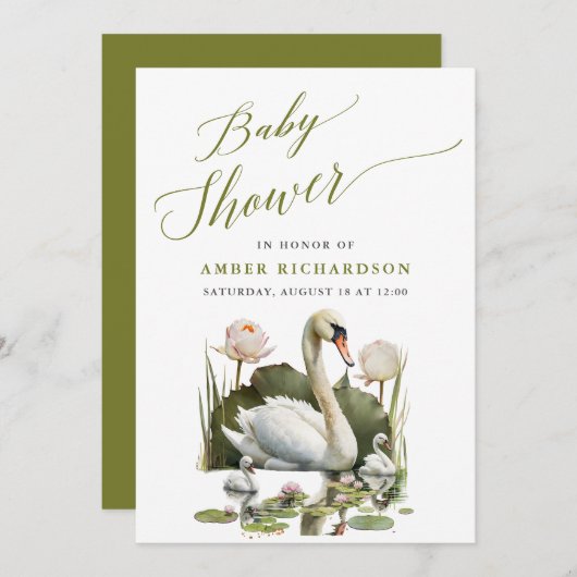 Elegant groen script zwaan minimalistisch Baby sho Kaart (Voorkant / Achterkant)