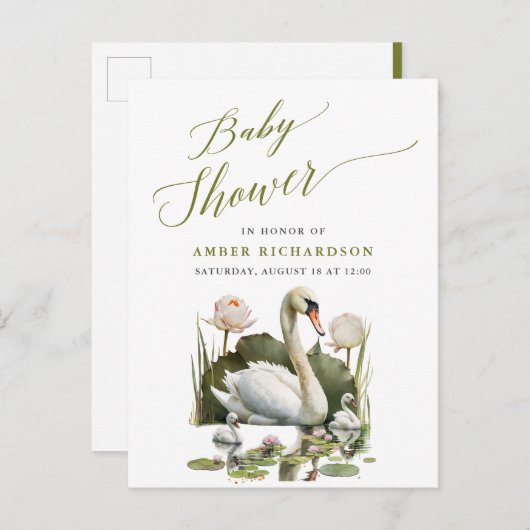 Elegant groen script zwaan minimalistisch Baby sho Uitnodiging Briefkaart (Voorkant / Achterkant)