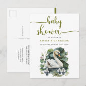 Elegant groen script zwaan minimalistisch Baby sho Uitnodiging Briefkaart (Voorkant / Achterkant)