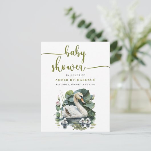 Elegant groen script zwaan minimalistisch Baby sho Uitnodiging Briefkaart (Staand voorkant)