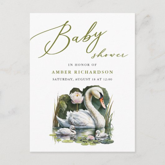 Elegant groen script zwaan minimalistisch Baby sho Uitnodiging Briefkaart (Voorkant)