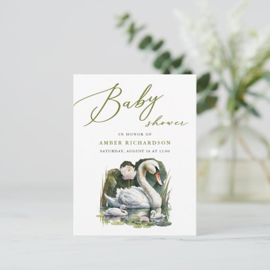 Elegant groen script zwaan minimalistisch Baby sho Uitnodiging Briefkaart (Staand voorkant)
