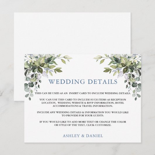 Elegant groen stoffig blauw bruiloft details Kaart (Voorkant / Achterkant)