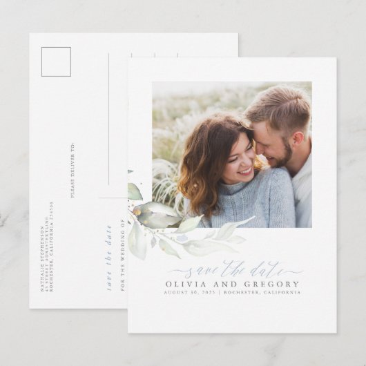 Elegant groen stoffig blauw Save the Date Foto Aankondigingskaart (Voorkant / Achterkant)