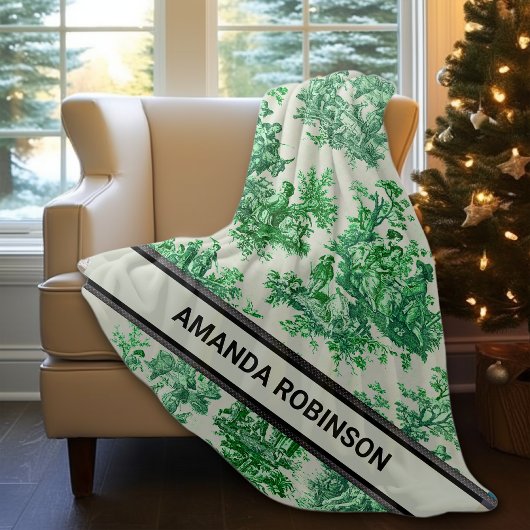 Elegant  groen toile de jouy monogram fleece deken