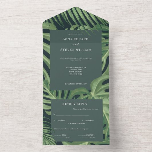Elegant groen tropisch strand bruiloft all in one uitnodiging (Binnen)