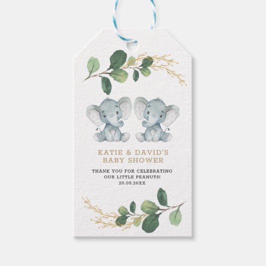 Elegant groen tweeling olifant co-ed Baby shower Cadeaulabel (Voorkant)