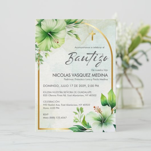 Elegant groen uitnodiging Bautizo Schattigee doop (Staand voorkant)