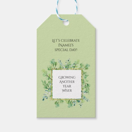Elegant groen Verjaardag Custom Botanische gunst Cadeaulabel (Voorkant)