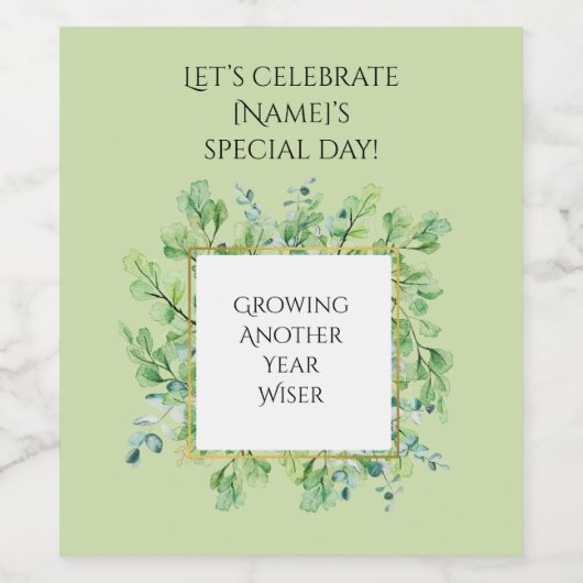 Elegant groen Verjaardag Custom Botanische gunst Wijn Etiket (Enkel label)
