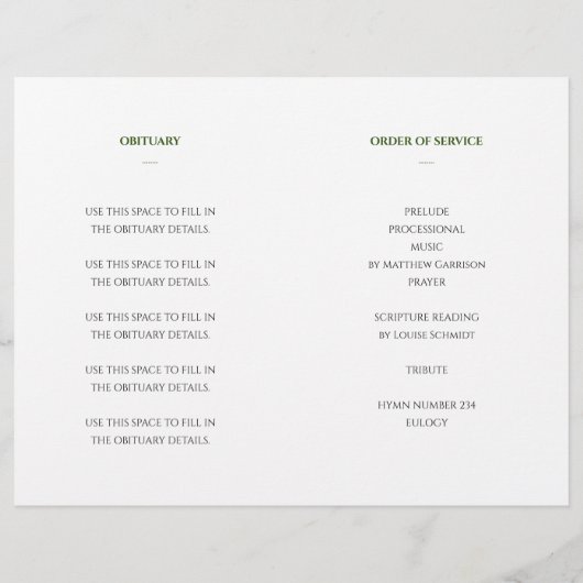 Elegant Groen Viering van Life Memorial Programma Flyer (Achterkant)