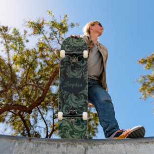 Elegant groen vintage damast bloempatroon persoonlijk skateboard